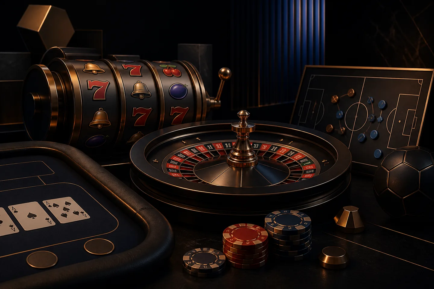 Slots, roleta, cartas e apostas esportivas em composição editorial genérica