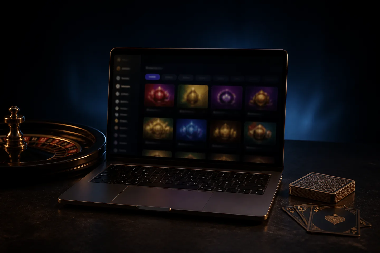 Notebook com uma biblioteca genérica de jogos de cassino para avaliação editorial