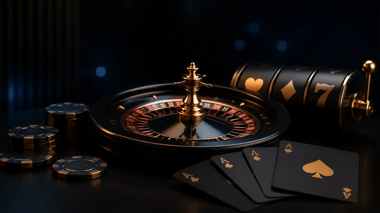 Ambiente editorial de cassino digital com roleta, cartas e slots genéricos