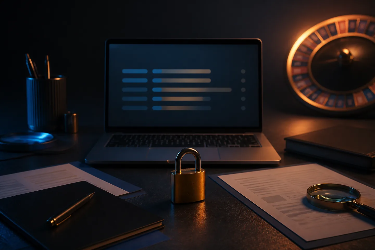 Mesa editorial de verificação com notebook, documentos e cadeado